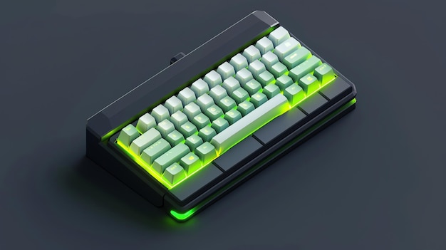 A 3D rendered futuristic keyboard with a green backlight