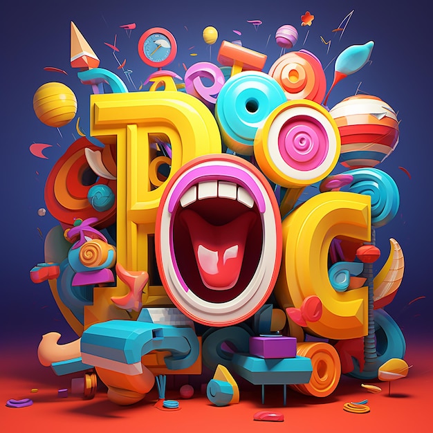 3d rendered groovy cartoonstyle designs with words storytelling style bright colors