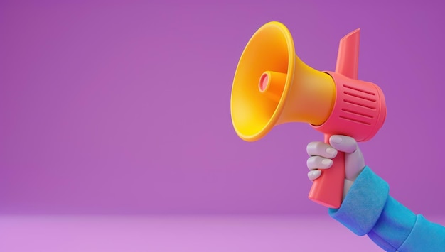 3D Rendered Hand Holding a Yellow and Pink Megaphone