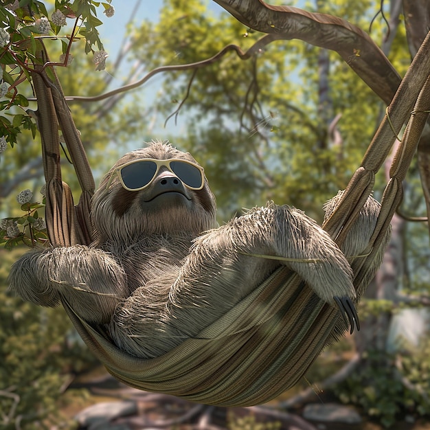 Photo 3d rendered humorous sloth wearing sunglasses lounging in a hammock between two trees