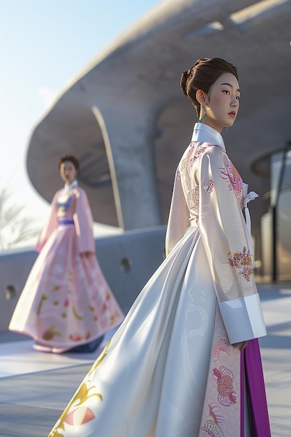 Photo 3d rendered hyperealistic magazine photo two models 18 years old female wearing futuristic hanbok