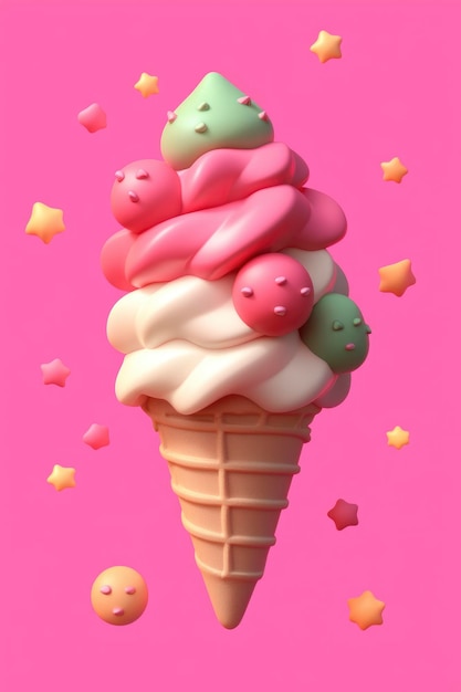 3D Rendered Ice Cream Cone with Sprinkles on Pink Background