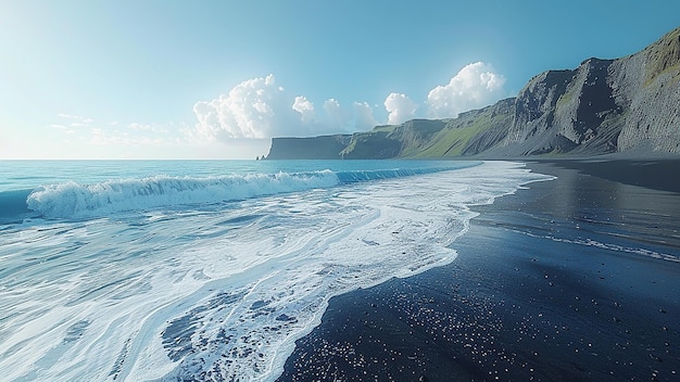 3D rendered Iceland Black Sand Beach beautiful view sea waves mountains hyper realistic