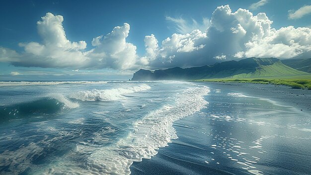 3D rendered Iceland Black Sand Beach beautiful view sea waves mountains hyper realistic