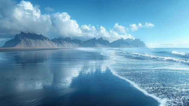 3D rendered Iceland Black Sand Beach beautiful view sea waves mountains hyper realistic