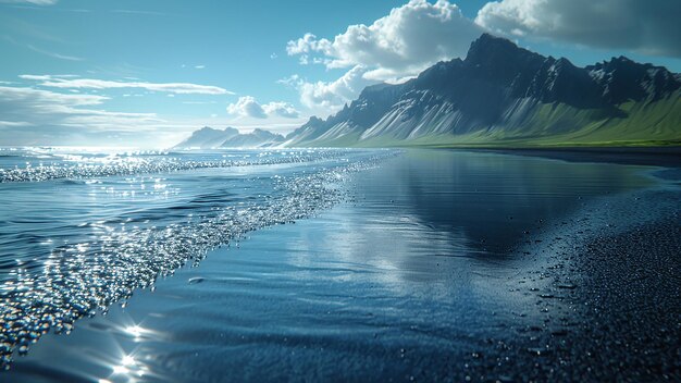 3D rendered Iceland Black Sand Beach beautiful view sea waves mountains hyper realistic