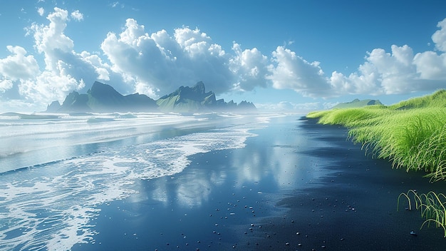 3D rendered Iceland Black Sand Beach beautiful view sea waves mountains hyper realistic