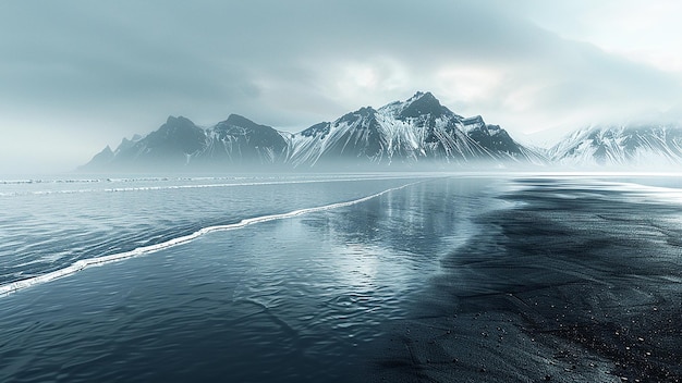 Photo 3d rendered iceland black sand beach beautiful view sea waves mountains hyper realistic