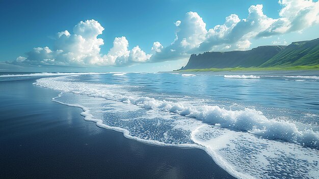 3D rendered Iceland Black Sand Beach beautiful view sea waves mountains hyper realistic