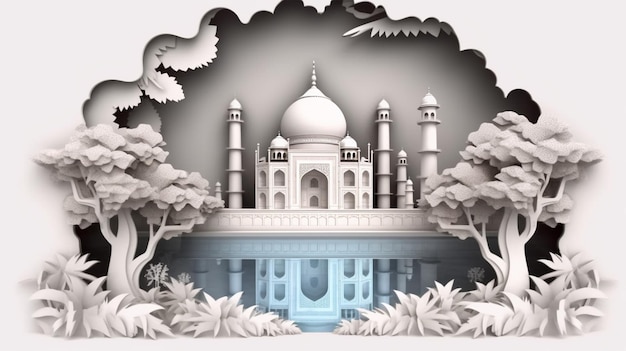 3D rendered illustration for Islamic Mosque in paper cutout effect