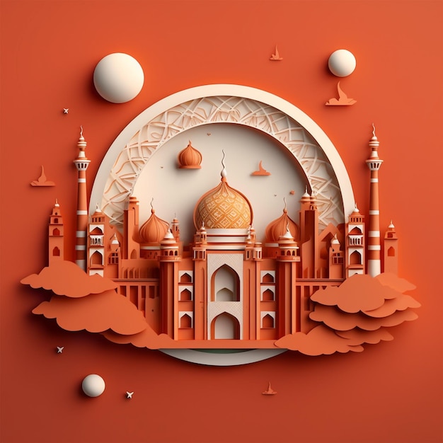 3D rendered illustration for Islamic Mosque in paper cutout effect