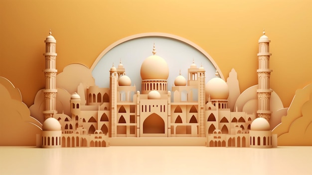 3D rendered illustration for Islamic Mosque in paper cutout effect