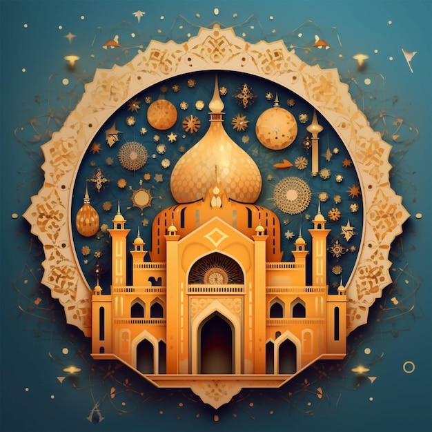 3D rendered illustration for Islamic Mosque in paper cutout effect