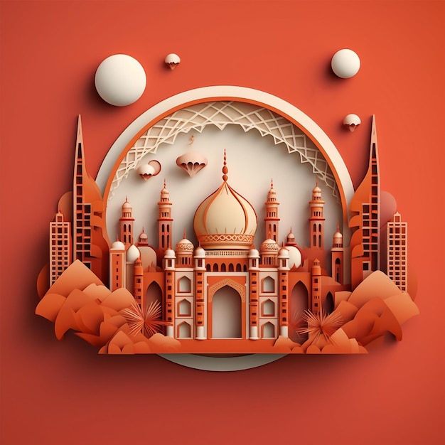 3D rendered illustration for Islamic Mosque in paper cutout effect