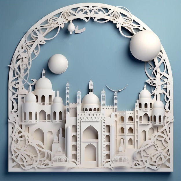 3D rendered illustration for Islamic Mosque in paper cutout effect