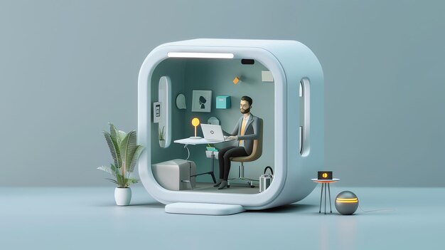 Photo 3d rendered illustration of a man working on a laptop in a futuristic office pod