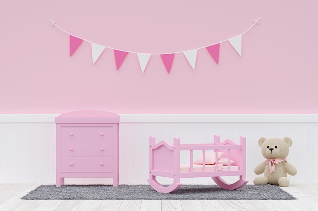 3d rendered illustration of a minimal pink and white nursery room