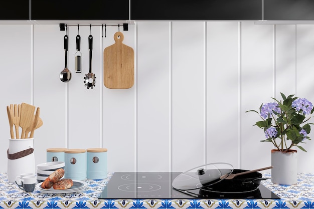 3d rendered illustration of a modern electric stove with cooking utensils in a sunlit kitchen