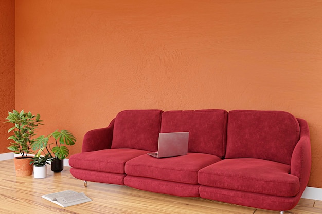 3d rendered illustration of a modern living room with red sofa and orange painted wall