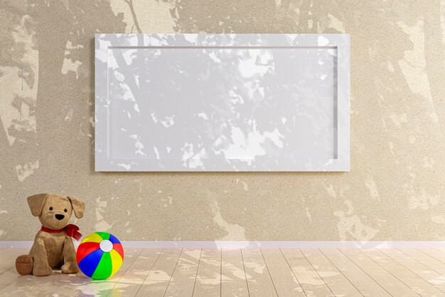 3d rendered illustration of a picture frame mock up with stuffed toy animal