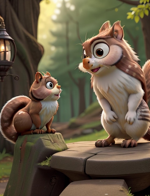 3d rendered illustration of a squirrel and a squirrel in the forest AIGenerated