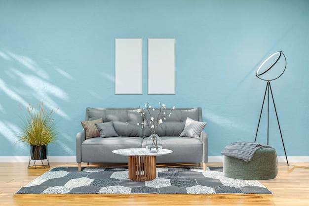 3d rendered illustration of a stylish modern living room with blue concrete wall