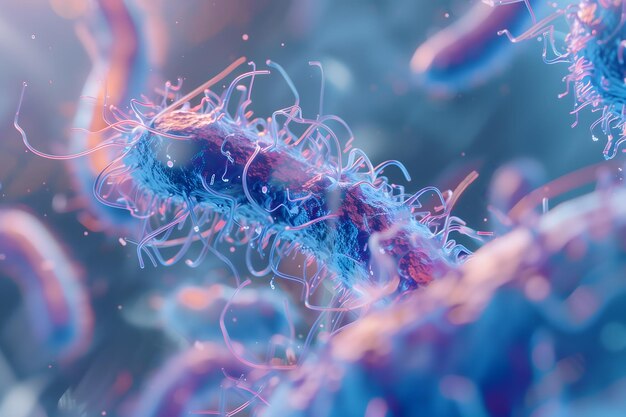 3D rendered image of bacteria under microscope with high detail