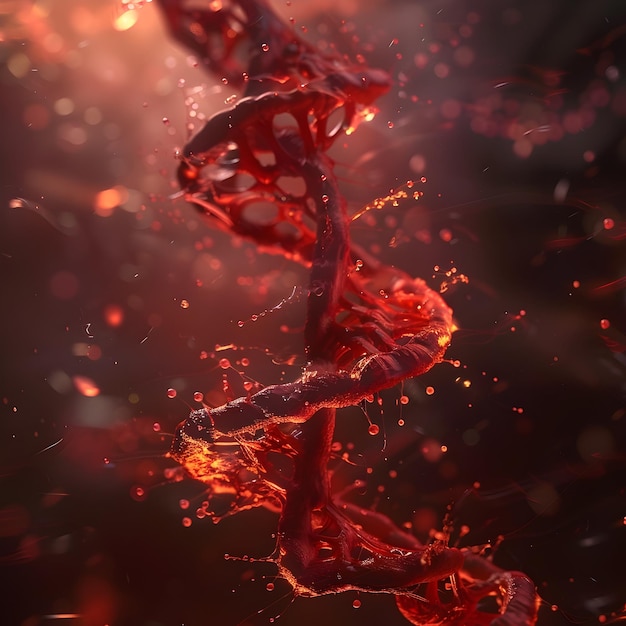 A 3D rendered image of a crimsonpulsing biomechanical plasmid formwith organic DNA tendrils swirling