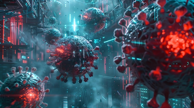 3D rendered image depicting malicious nanobots and hazardous contaminants corrupting and glitching