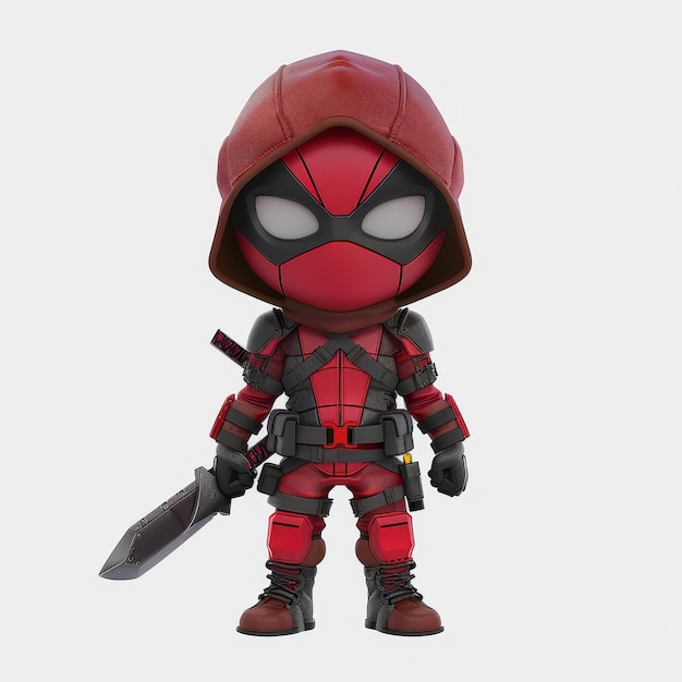 A 3D rendered image of a small red and black superhero with a sword and a hood