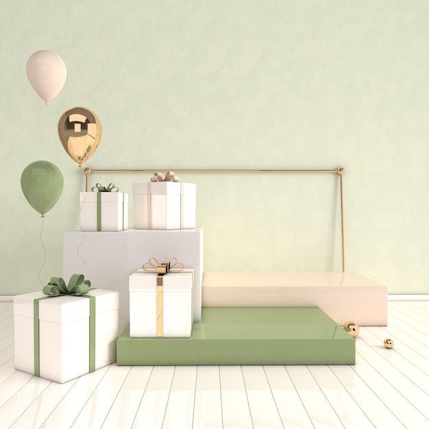 3d rendered interior with podium gift box balloons. Platforms for product presentation mock up