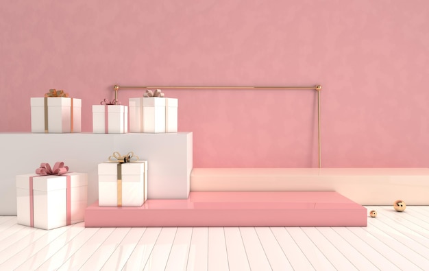 3d rendered interior with podium and gift box Set of platforms for product presentation mock up