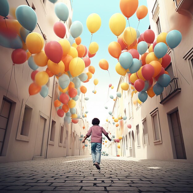 Photo 3d rendered kid chasing colorful balloons in the street