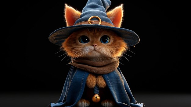 Photo 3d rendered landscape of a cute wizard cat full body shot with wizard costume and hat