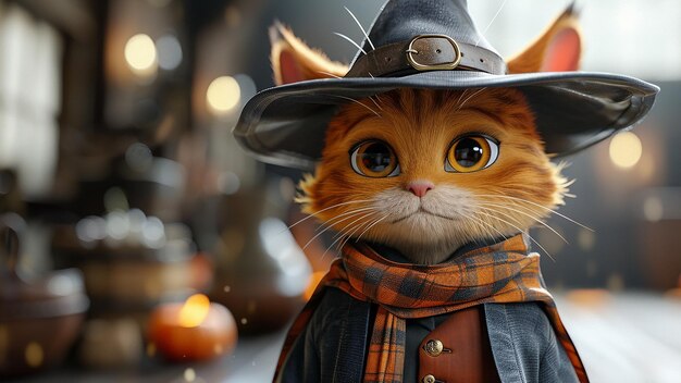 3d rendered landscape of a cute wizard cat full body shot with wizard costume and hat