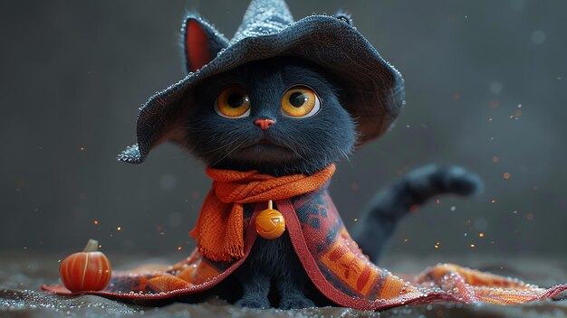 Photo 3d rendered landscape of a cute wizard cat full body shot with wizard costume and hat