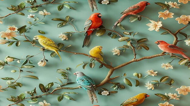 Photo 3d rendered landscape wallpaper of birds sitting on flowers plants