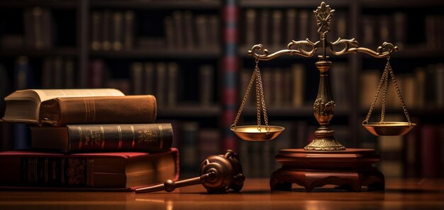 3d rendered Law legal system justice crime concept mallet gavel hammer and scales on table