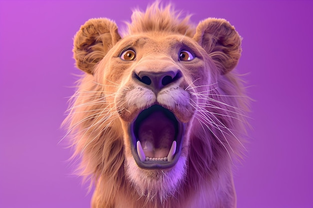 3D Rendered Lion Head in Surprised Expression on Vibrant Purple Background