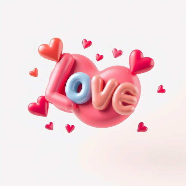 Photo 3d rendered love text with pink and blue hearts