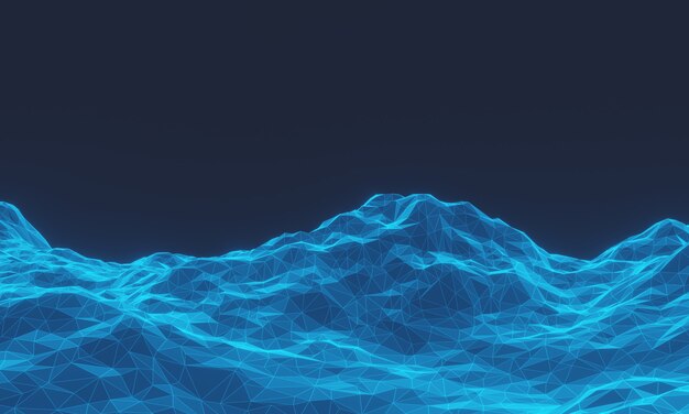 3D rendered low polygon topographic mountain. Blue terrain.