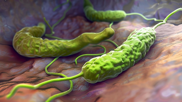 3D rendered microscopic view of Helicobacter pylori bacteria