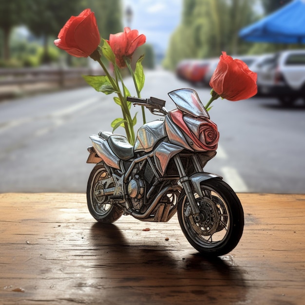 3d rendered mini cute silver bike with flower on the table