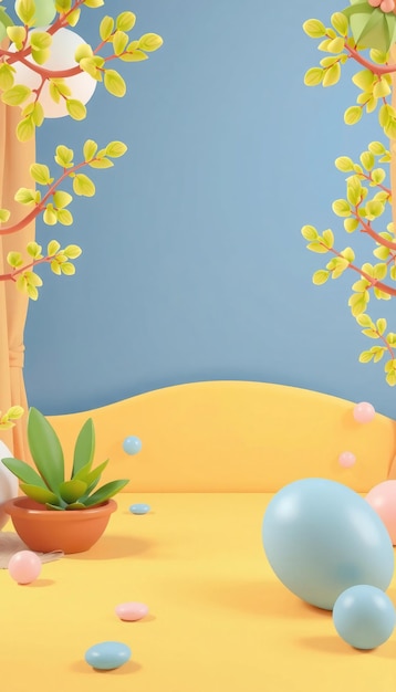 3D Rendered Minimalist Scene with Green Plant Blue and Pink Spheres and Yellow Background