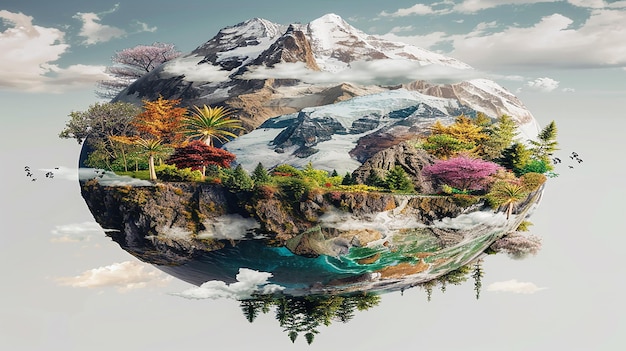 Photo 3d rendered modern photo collage representing the climates of the world hyperealistic photo