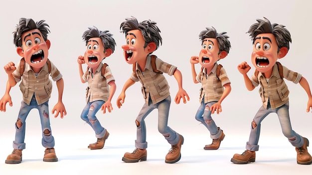 3d rendered multiple poses and expressions person in one frame