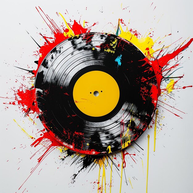 3d rendered music Record that has been painted with multiple colors splash including red and yellow