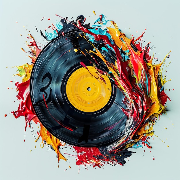 3d rendered music Record that has been painted with multiple colors splash including red and yellow