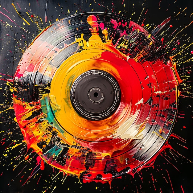 3d rendered music Record that has been painted with multiple colors splash including red and yellow