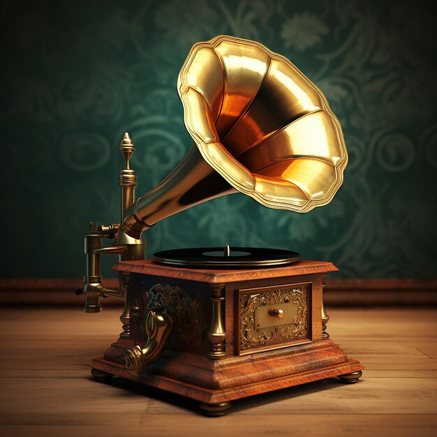 3d rendered oldfashioned gramophone with metal and wood making